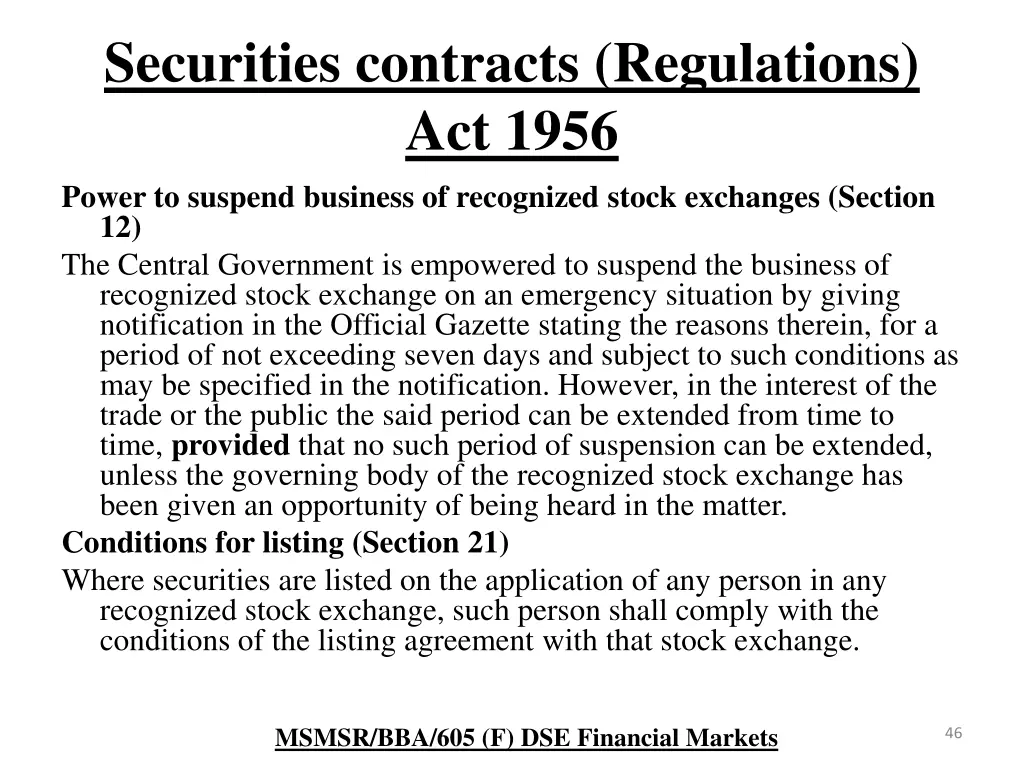 securities contracts regulations act 1956 power