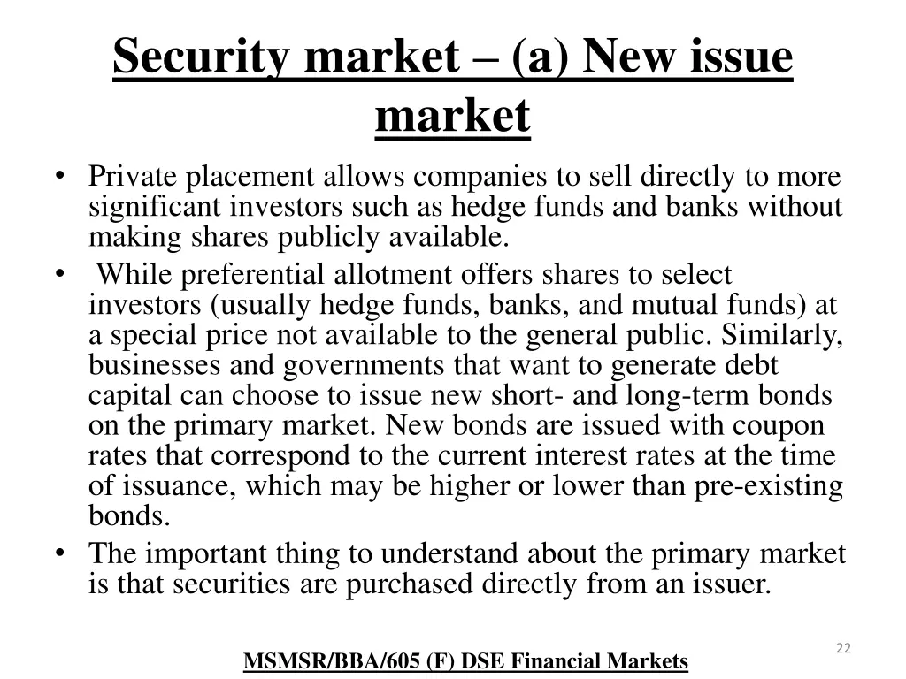 security market a new issue market private