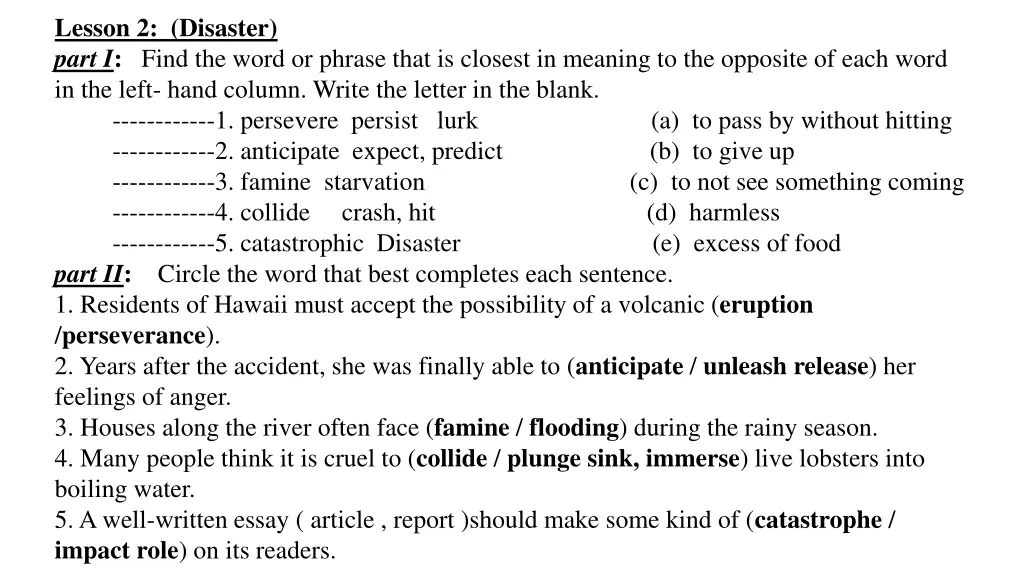 lesson 2 disaster part i find the word or phrase