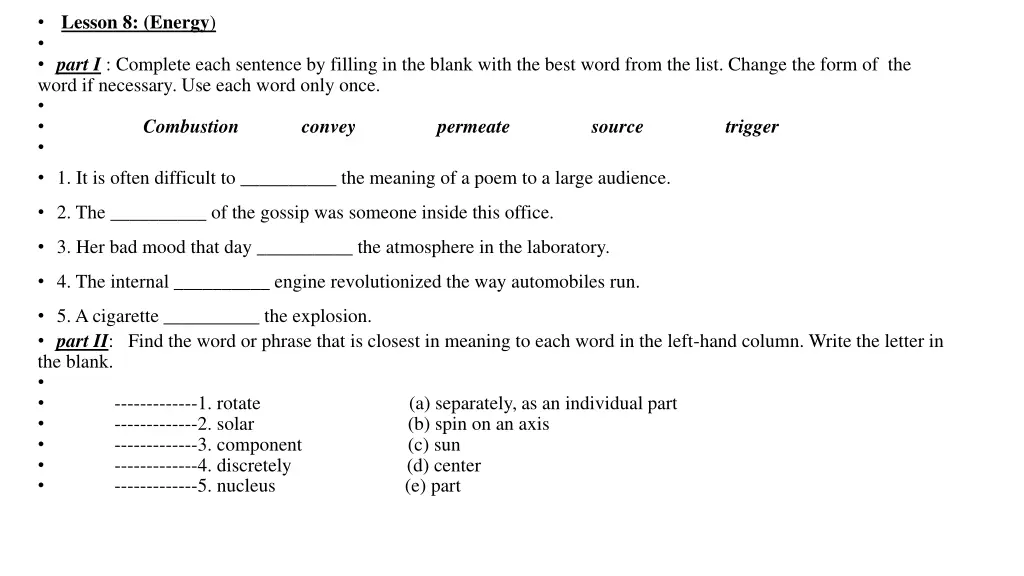 lesson 8 energy part i complete each sentence