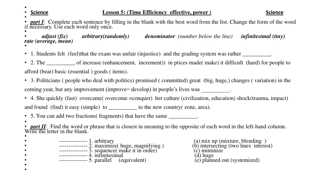 science part i complete each sentence by filling