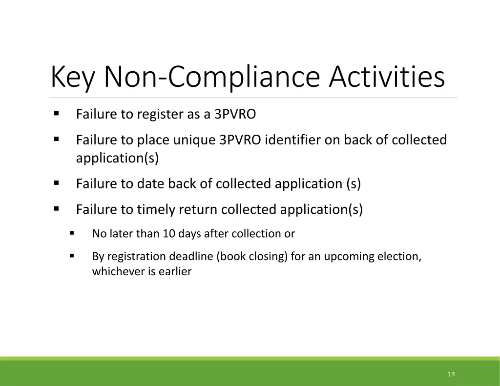 key non compliance activities