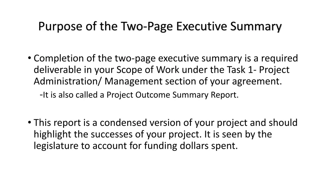 purpose of the two page executive summary