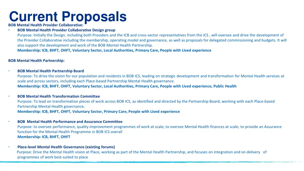 current proposals bob mental health provider