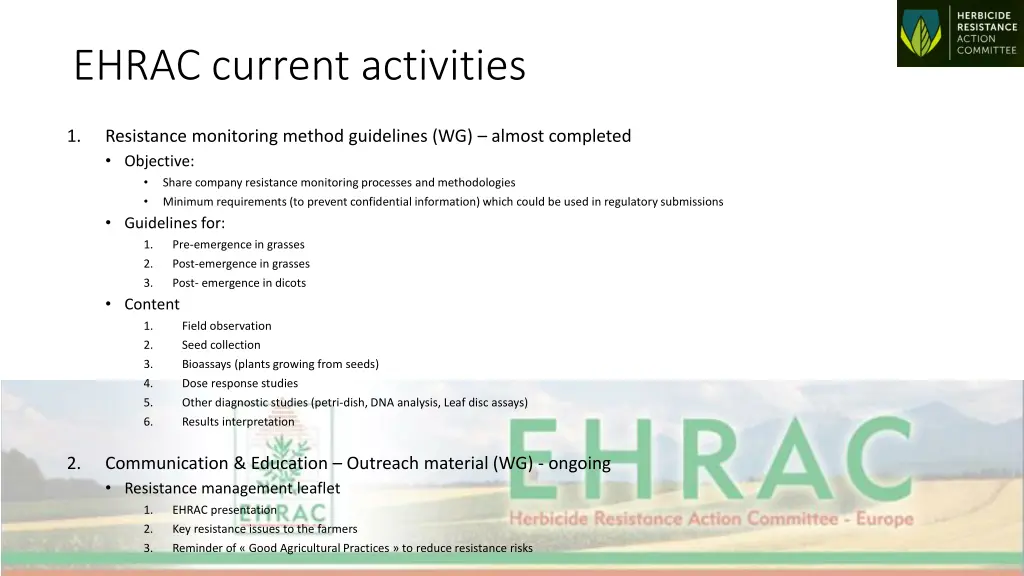 ehrac current activities