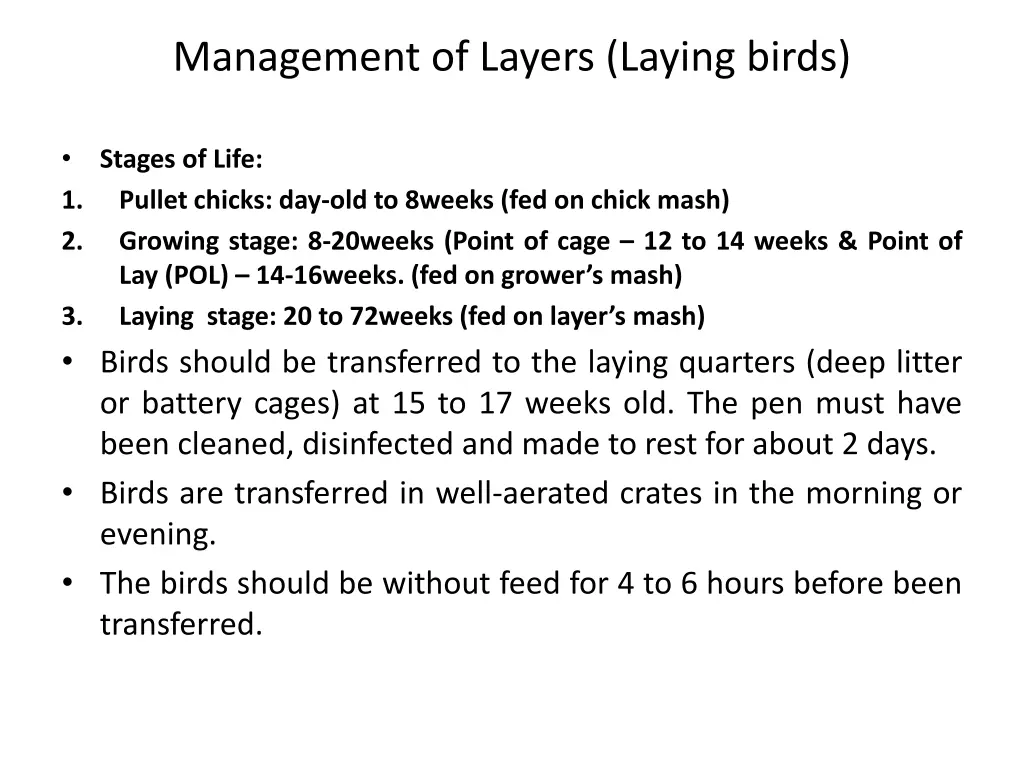 management of layers laying birds