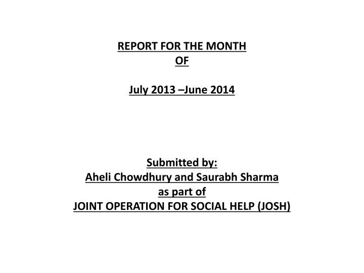 report for the month of