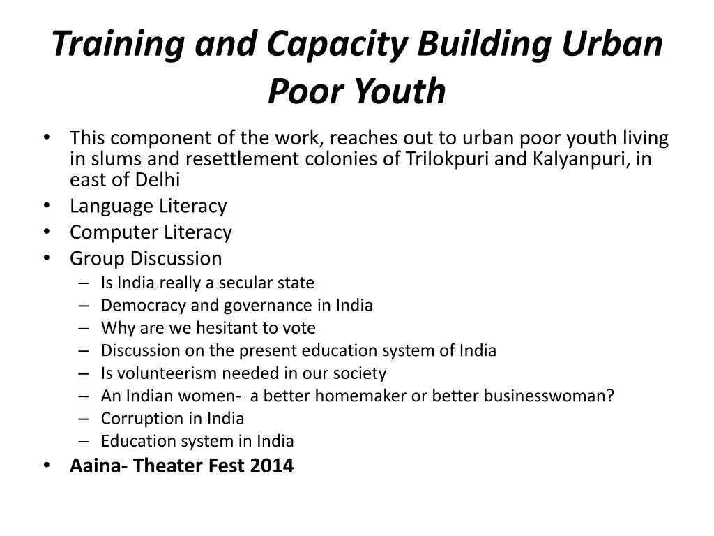 training and capacity building urban poor youth