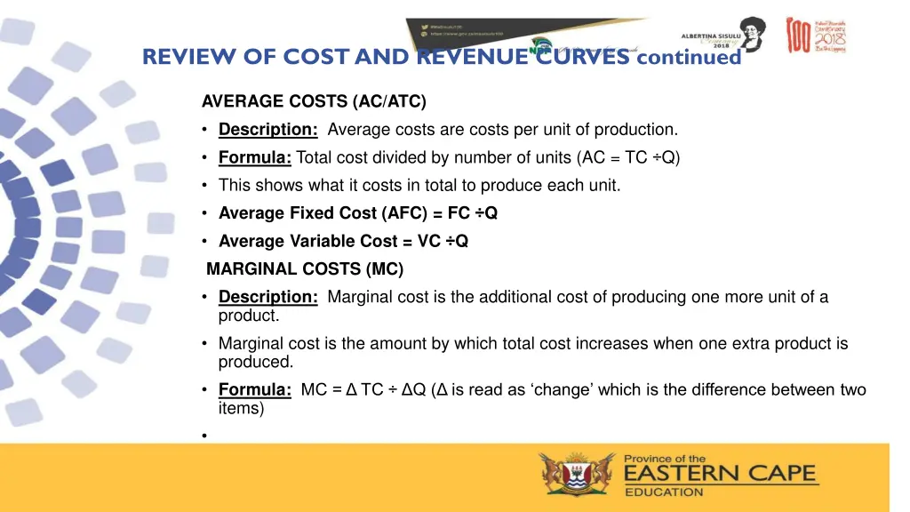 review of cost and revenue curves continued 3