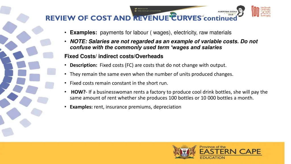 review of cost and revenue curves continued