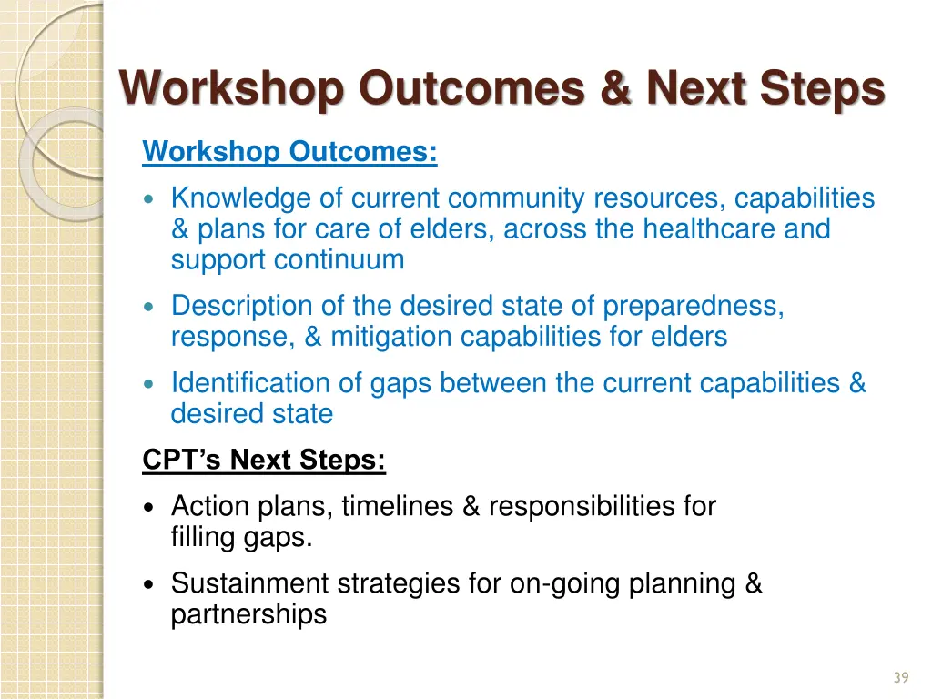 workshop outcomes next steps