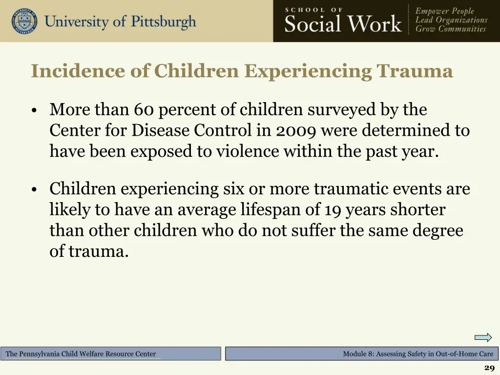 incidence of children experiencing trauma