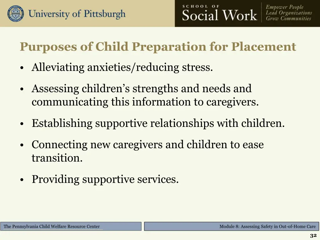 purposes of child preparation for placement