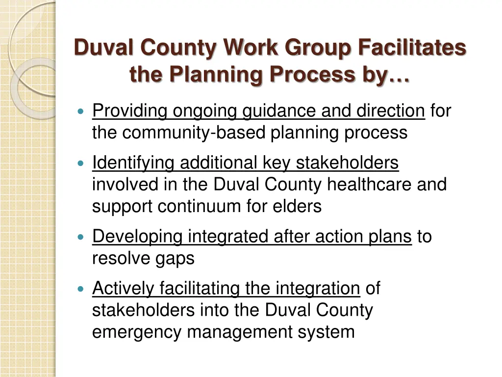 duval county work group facilitates the planning