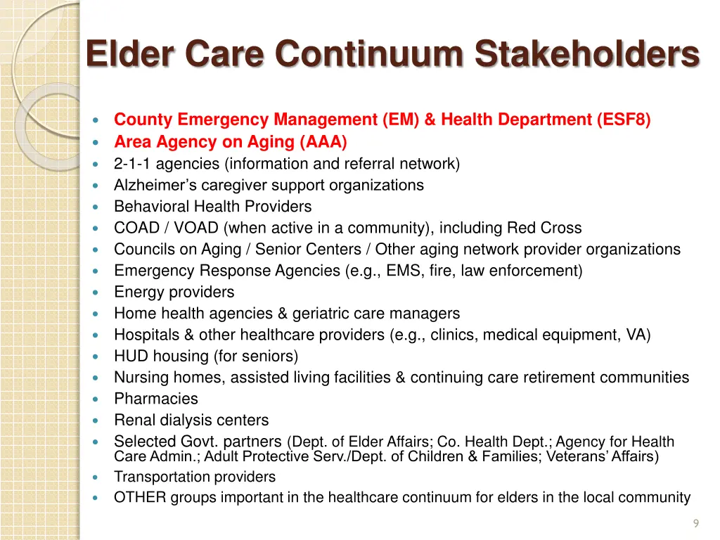 elder care continuum stakeholders