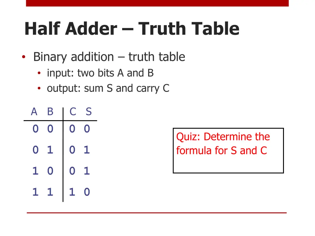 half adder truth table