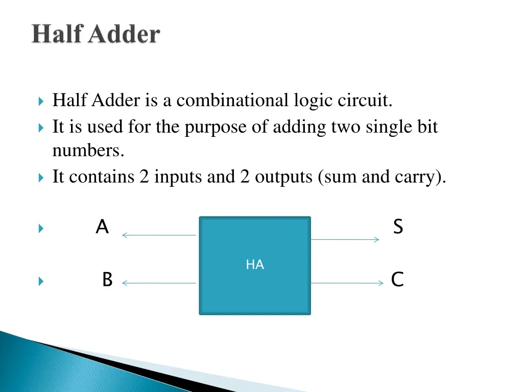 half adder is a combinational logic circuit