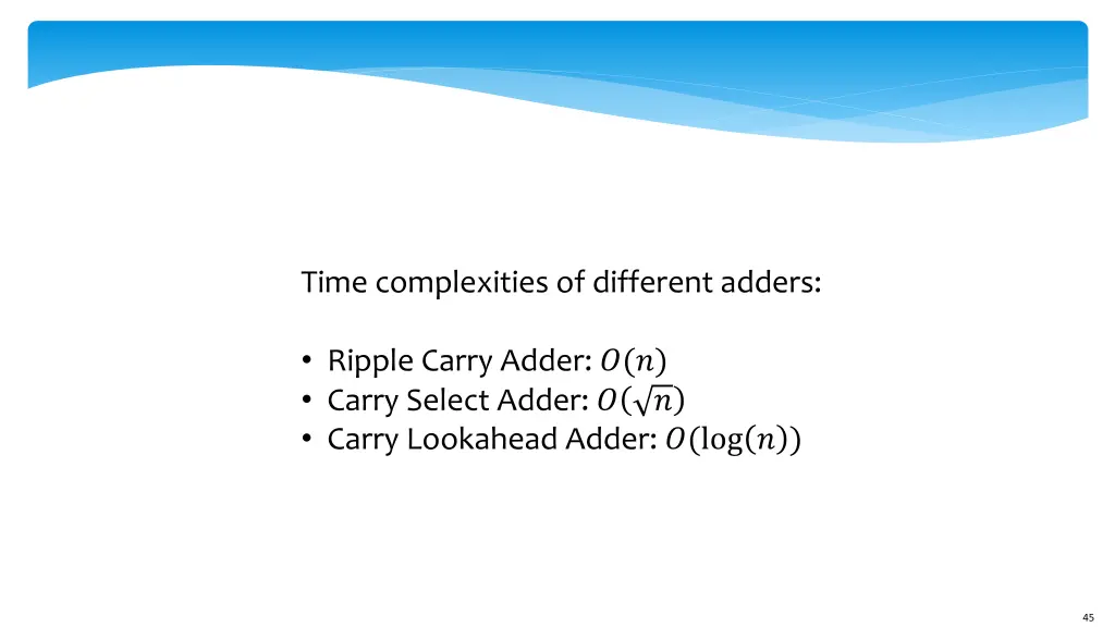 time complexities of different adders