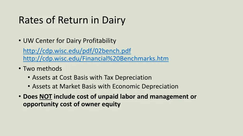 rates of return in dairy