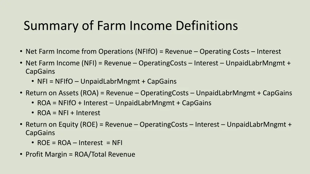 summary of farm income definitions