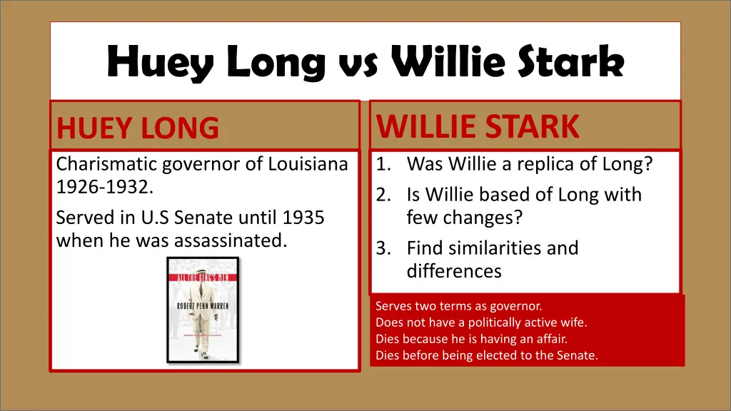 huey long vs willie stark