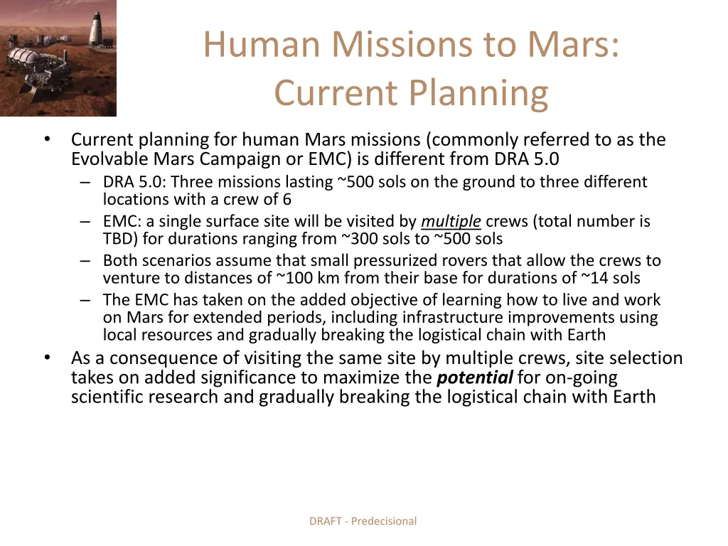 human missions to mars current planning