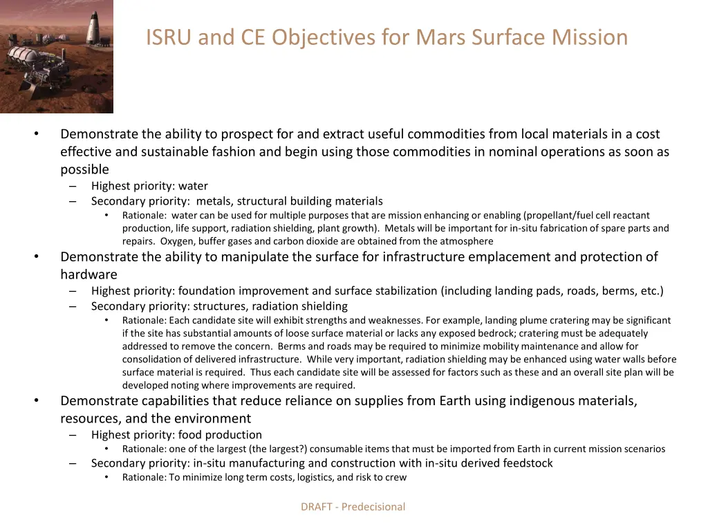 isru and ce objectives for mars surface mission