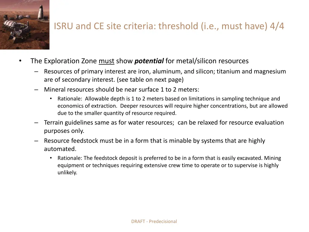 isru and ce site criteria threshold i e must have 3