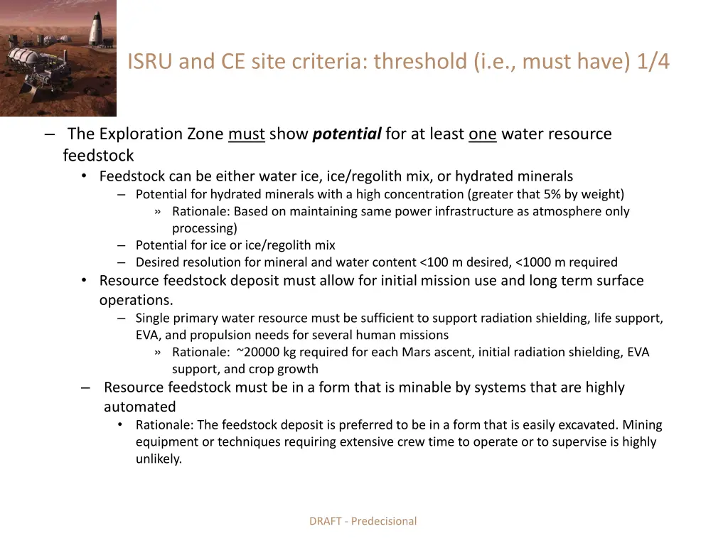 isru and ce site criteria threshold i e must have