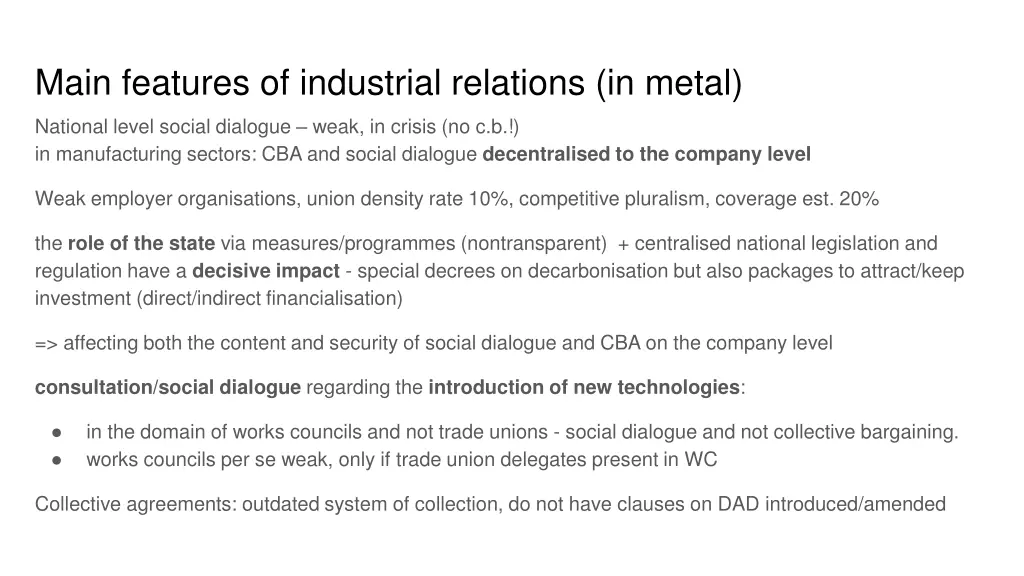 main features of industrial relations in metal