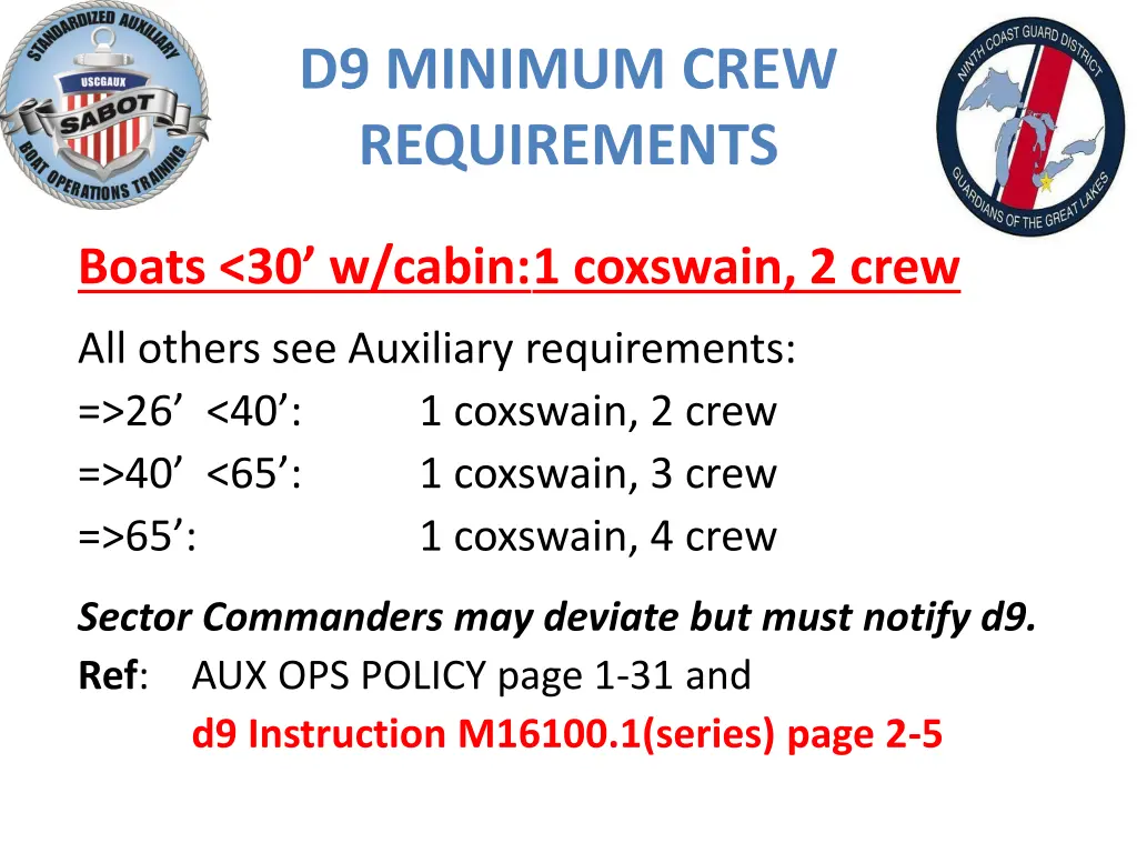 d9 minimum crew requirements