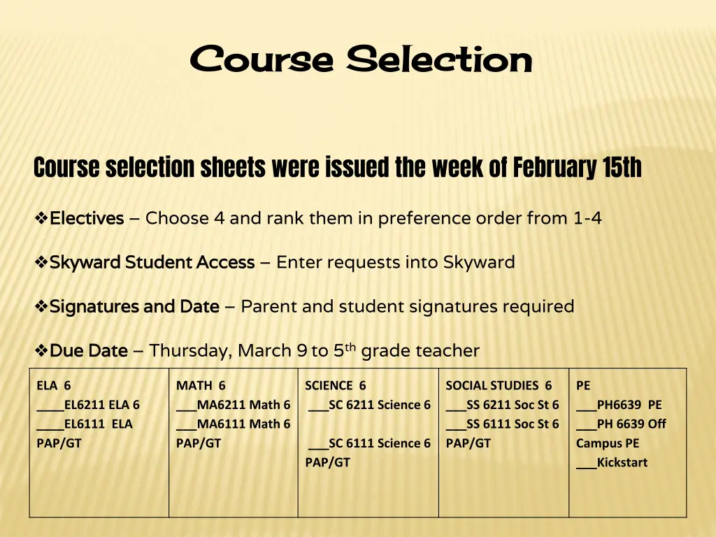 course selection course selection