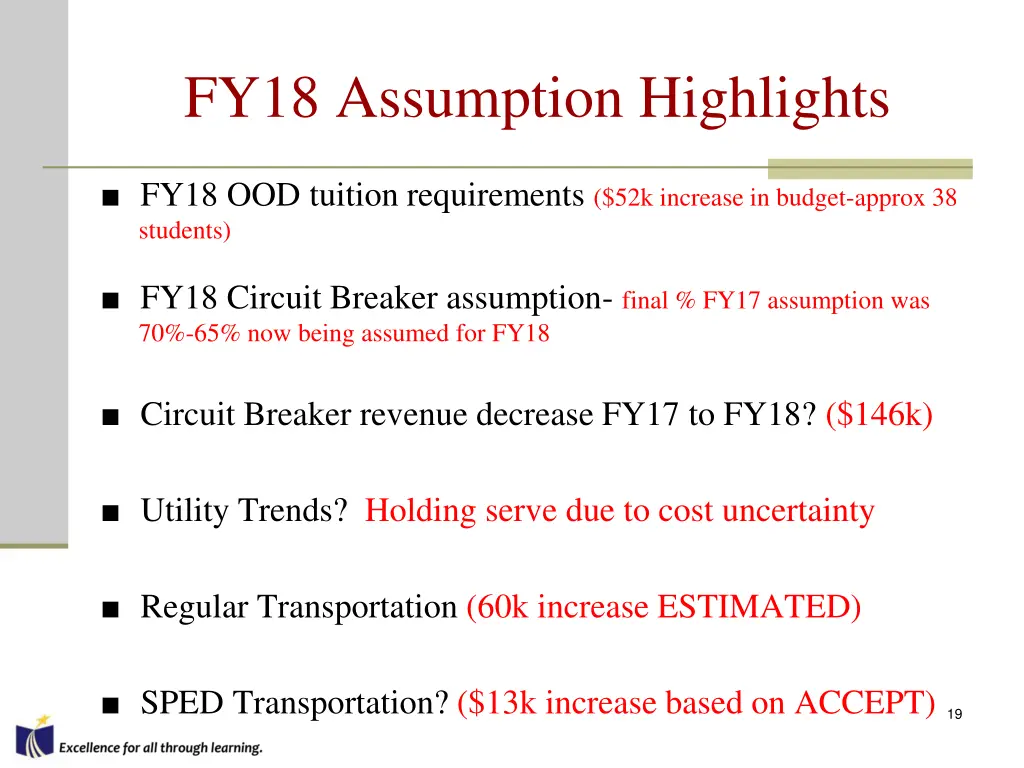 fy18 assumption highlights