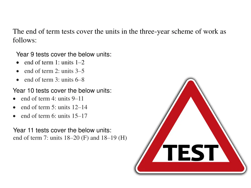 the end of term tests cover the units