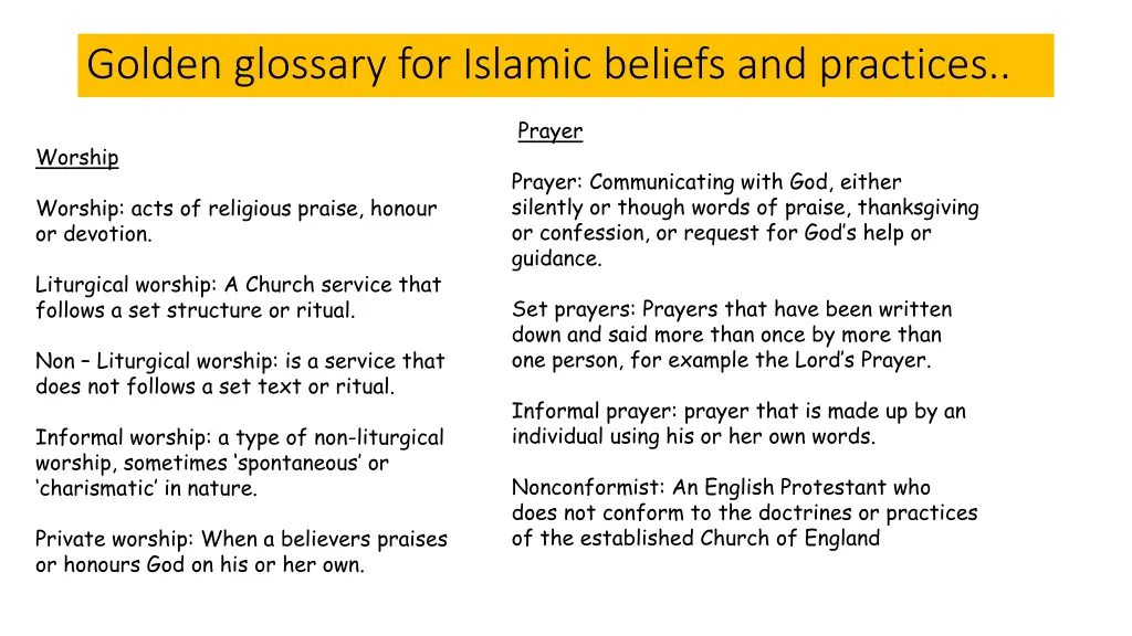 golden glossary for islamic beliefs and practices