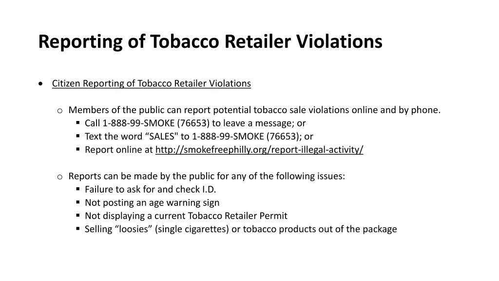 reporting of tobacco retailer violations