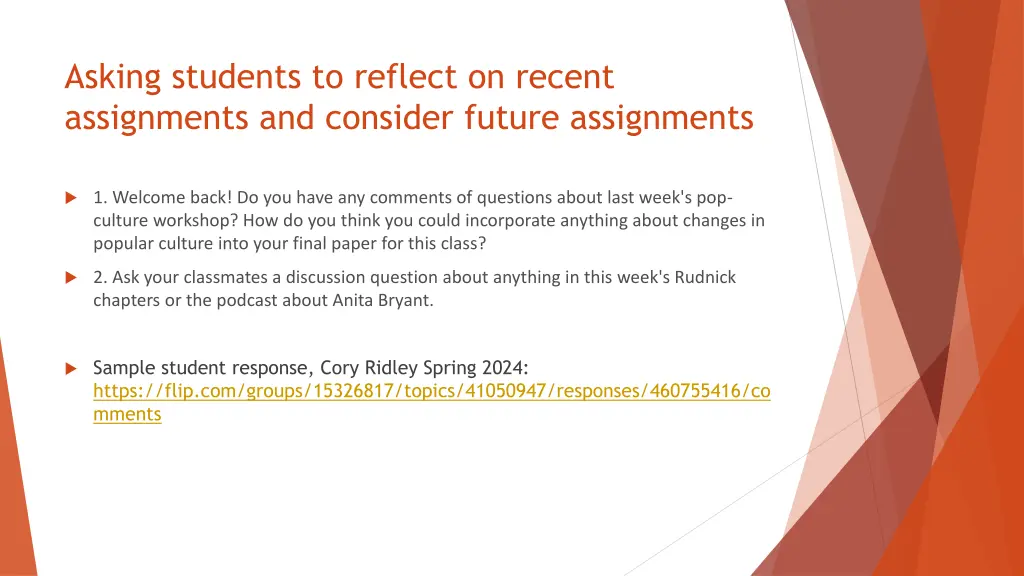 asking students to reflect on recent assignments