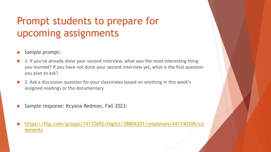 prompt students to prepare for upcoming