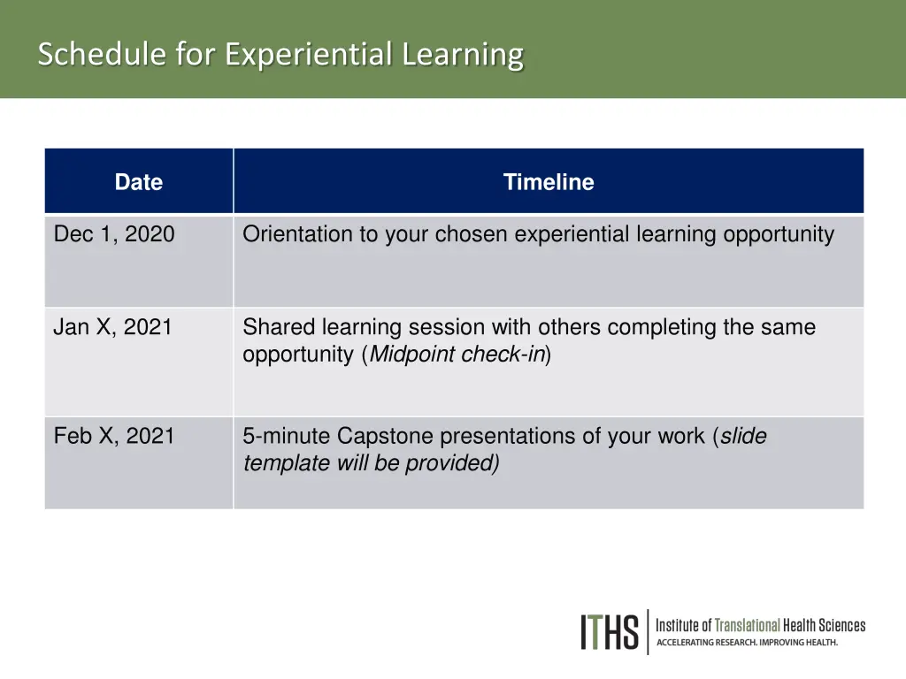 schedule for experiential learning