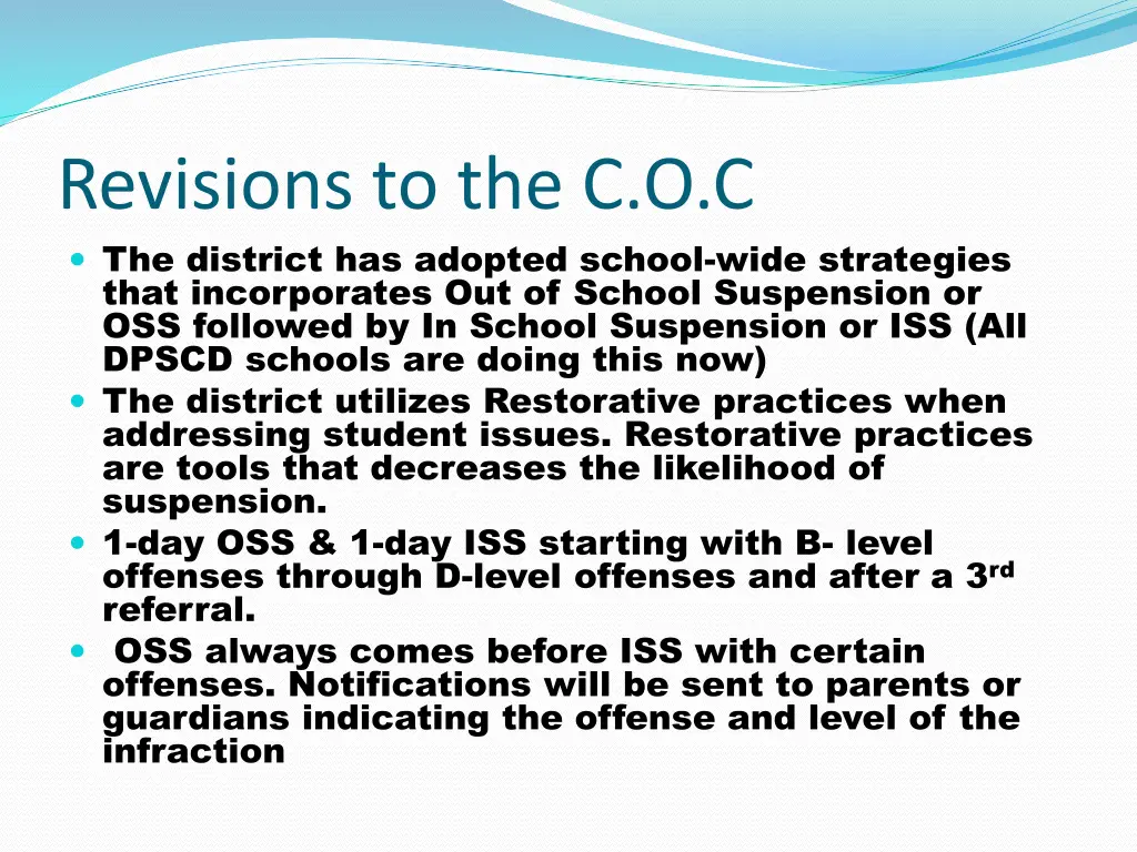 revisions to the c o c the district has adopted