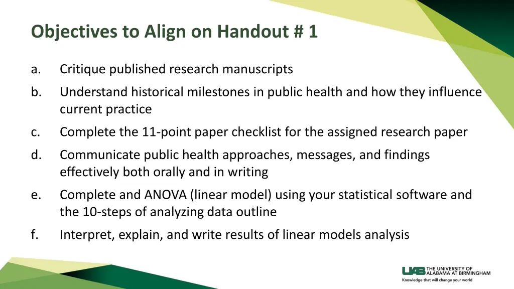 objectives to align on handout 1