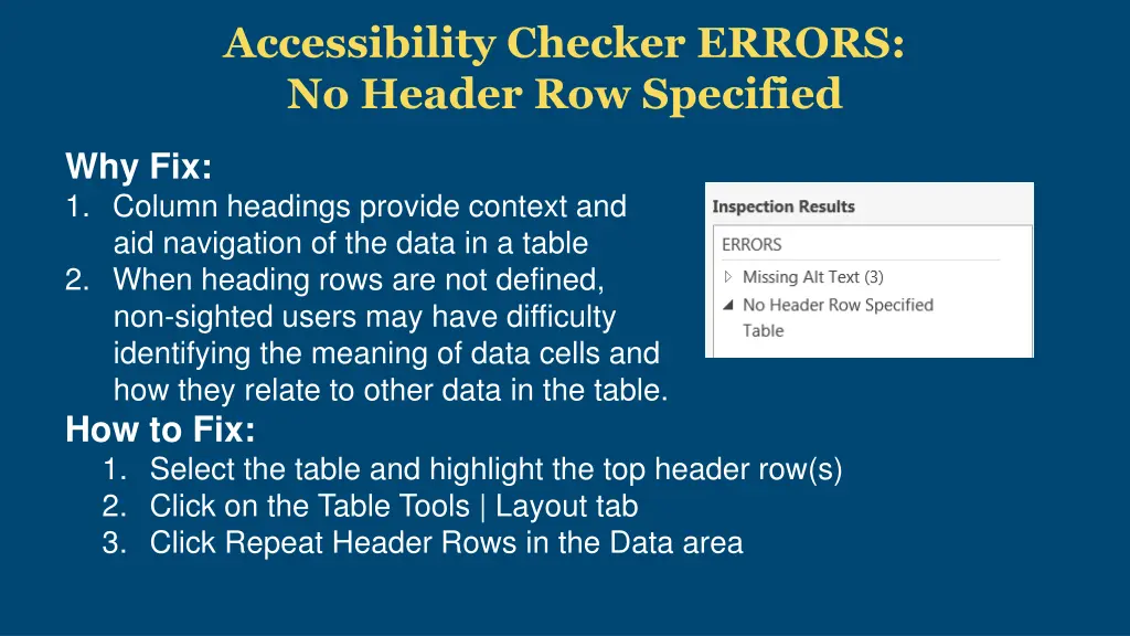 accessibility checker errors no header