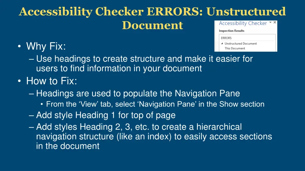 accessibility checker errors unstructured document