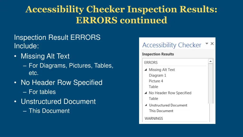 accessibility checker inspection results errors 1