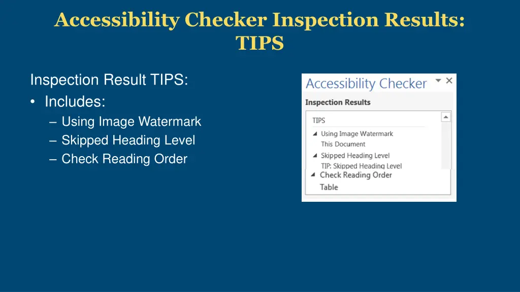 accessibility checker inspection results tips