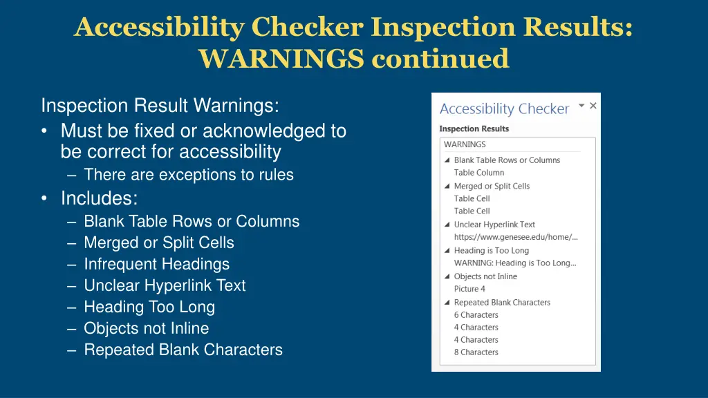 accessibility checker inspection results warnings 1