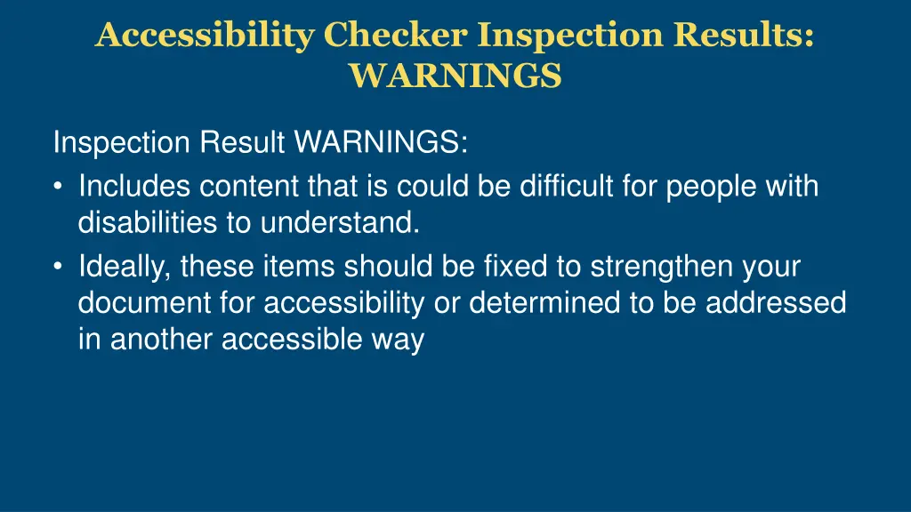 accessibility checker inspection results warnings