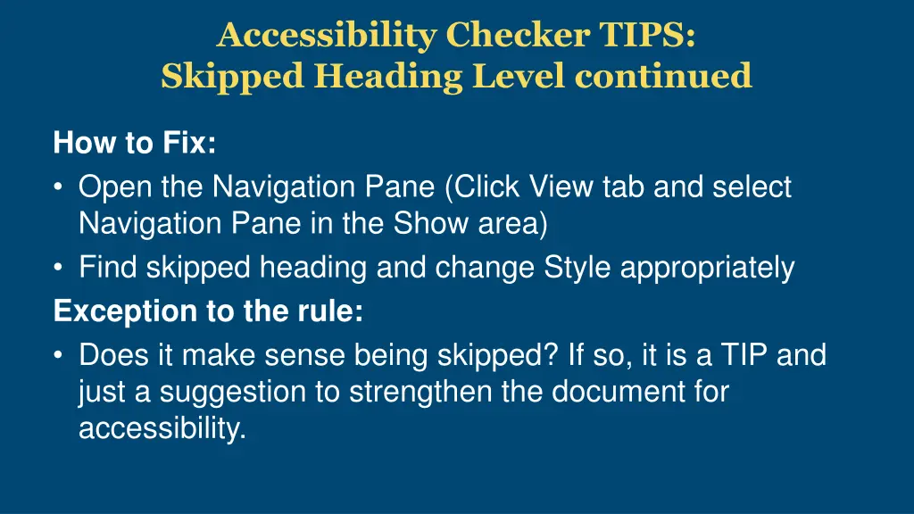 accessibility checker tips skipped heading level 1