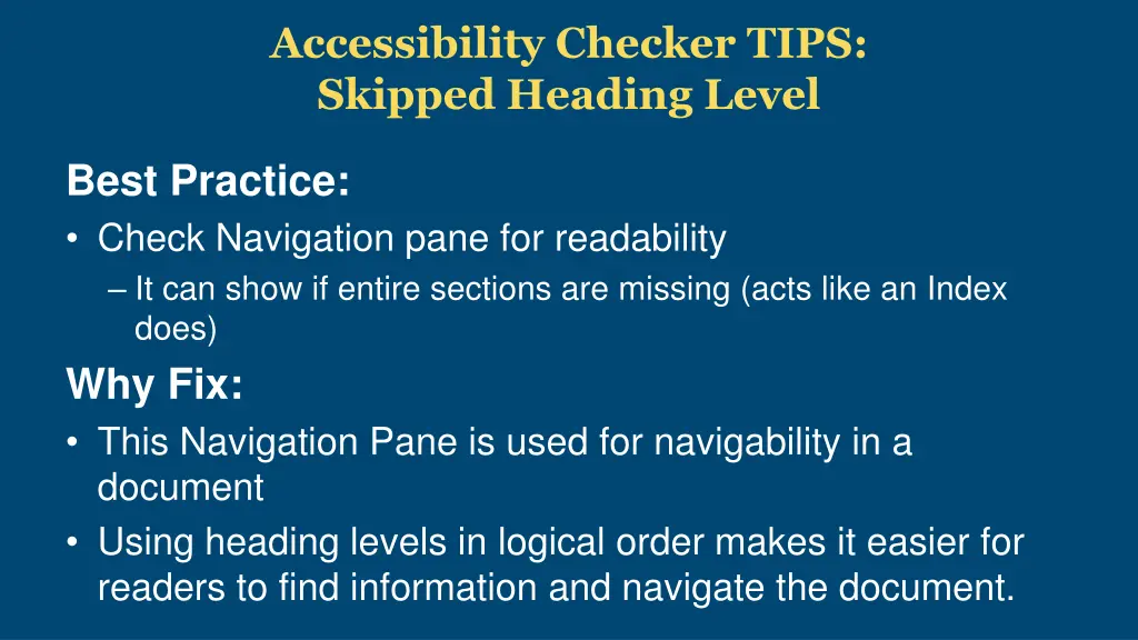 accessibility checker tips skipped heading level