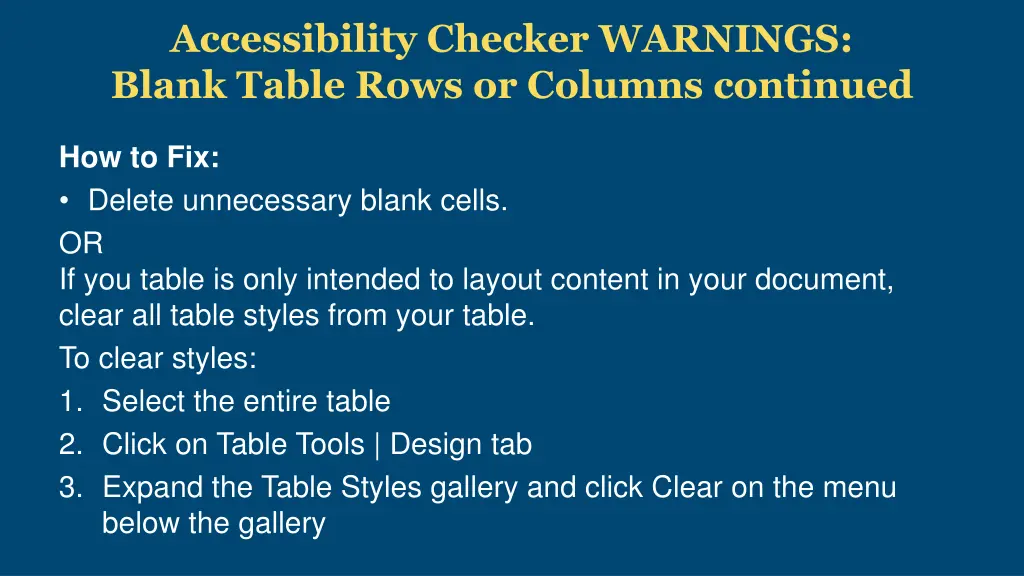 accessibility checker warnings blank table rows 1